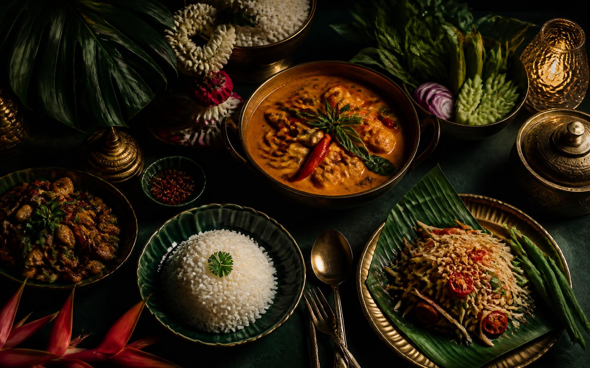 Thailändska rätter i varmt kvällsljus med gulddetaljer och tropiska blad
